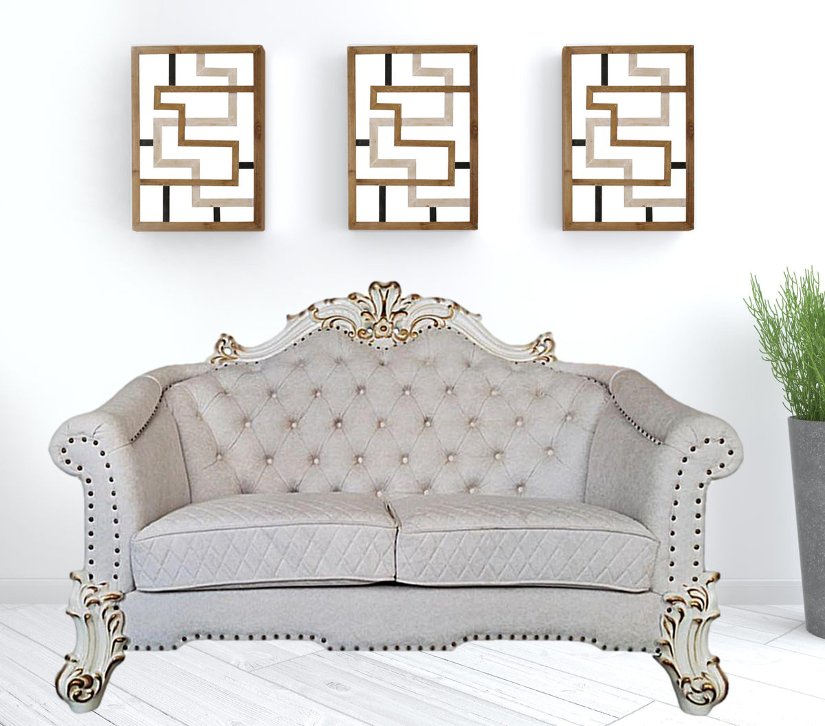 Ivory & Pearl Velvet Love Seat Sofa with Toss Pillows L902