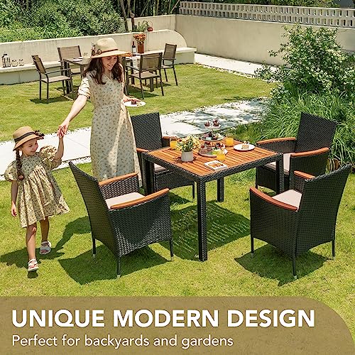 9 Piece Wicker Outdoor Dining Table and Chairs Set with Acacia Wood Table Top H24045