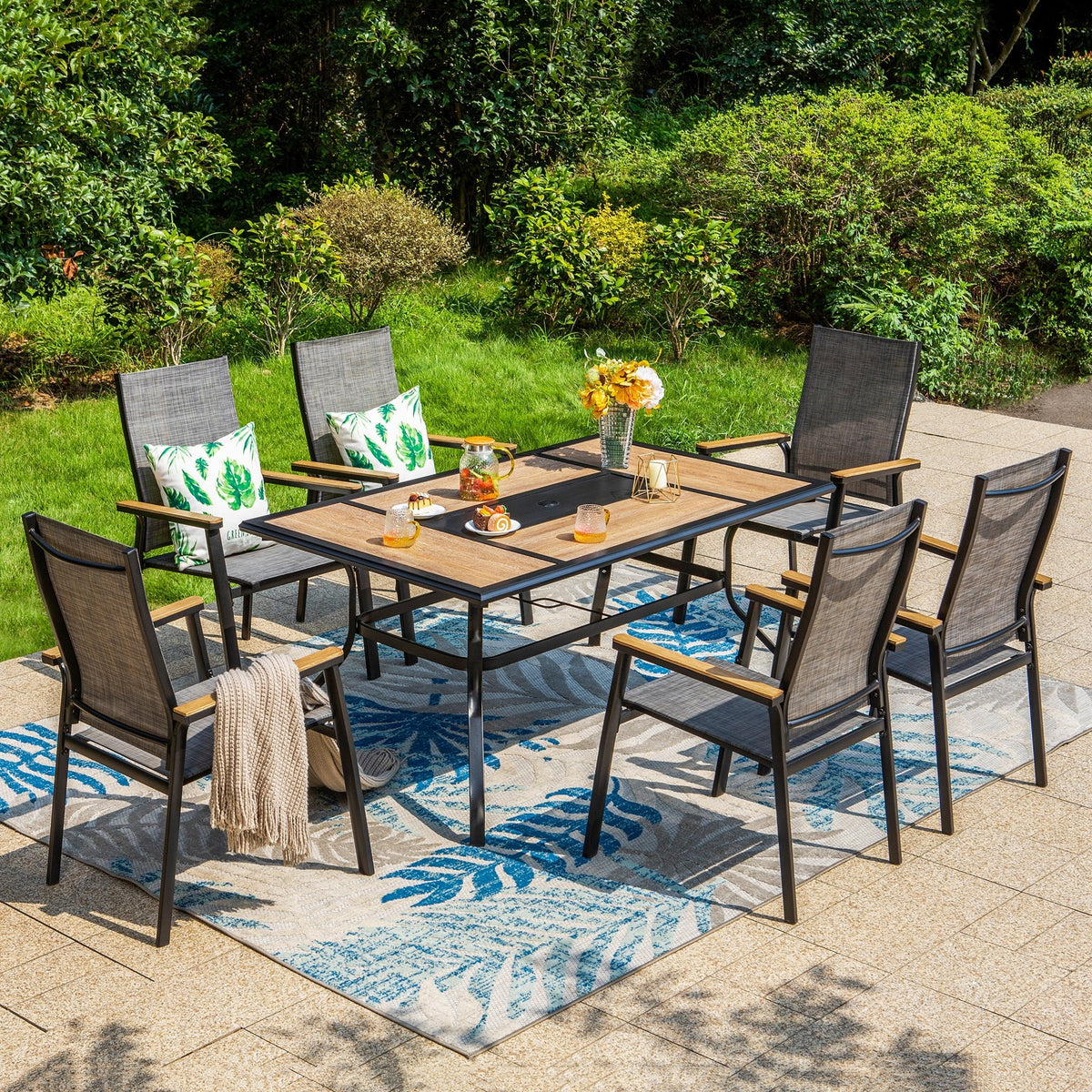 7 Pieces Outdoor Patio Dining Set with Stackable Chairs and Metal Table A24512