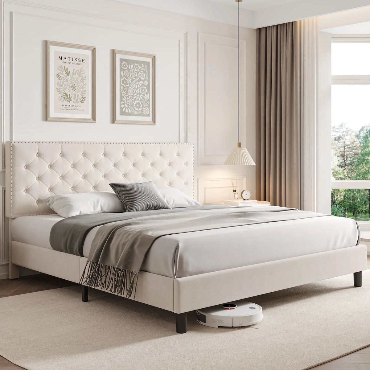 King Size Upholstered Platform Bed with Adjustable Headboard E81797