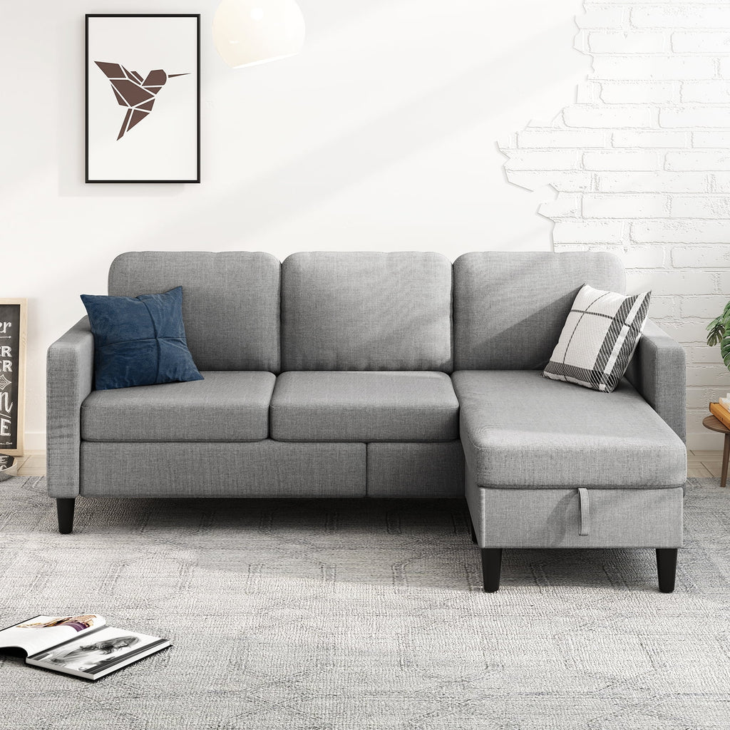 Beige Linen Sectional Sofa with Storage Ottoman W752