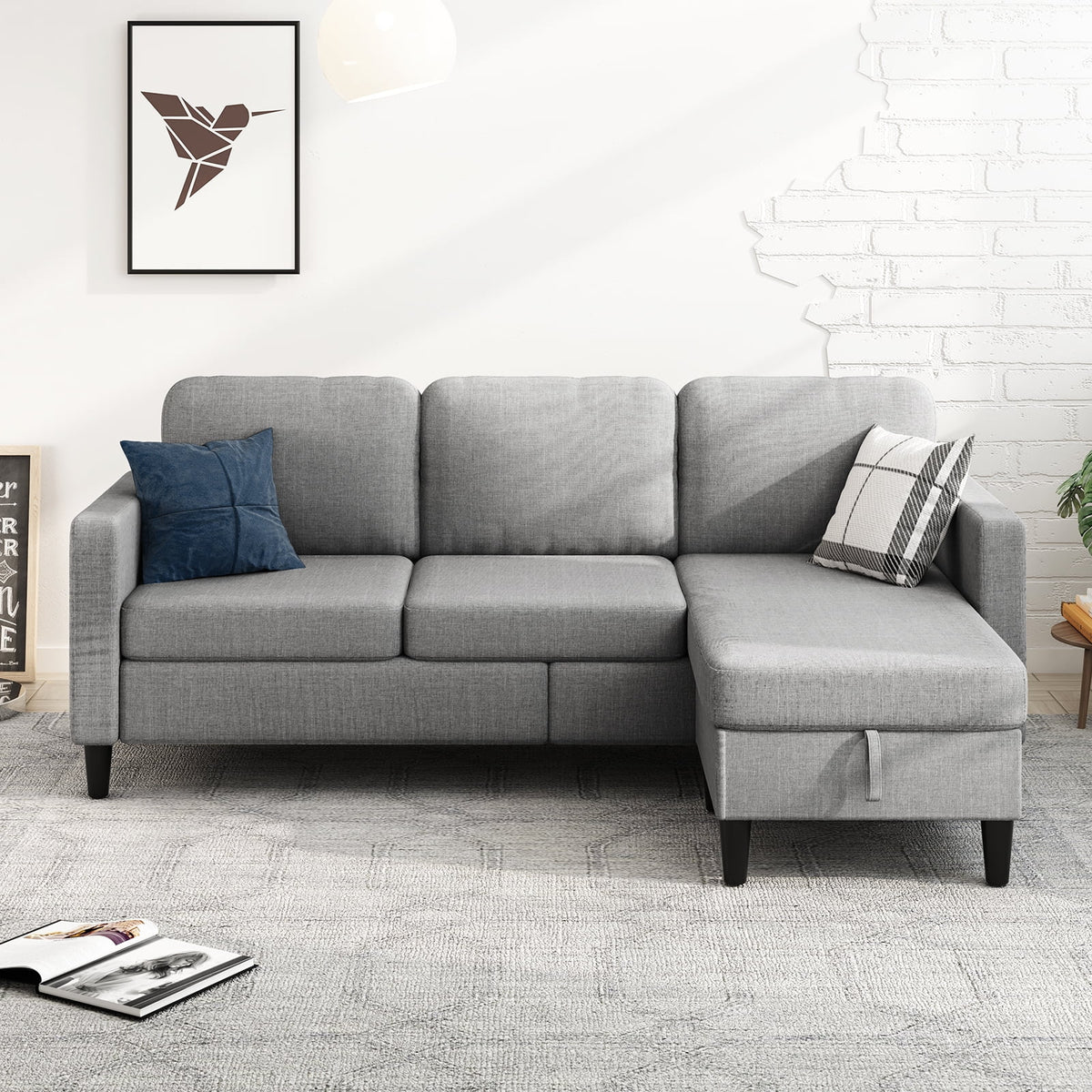 Beige Linen Sectional Sofa with Storage Ottoman W752