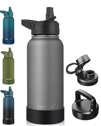 32 oz Insulated Stainless Steel Water Bottle with Straw and 3 Lids L64468