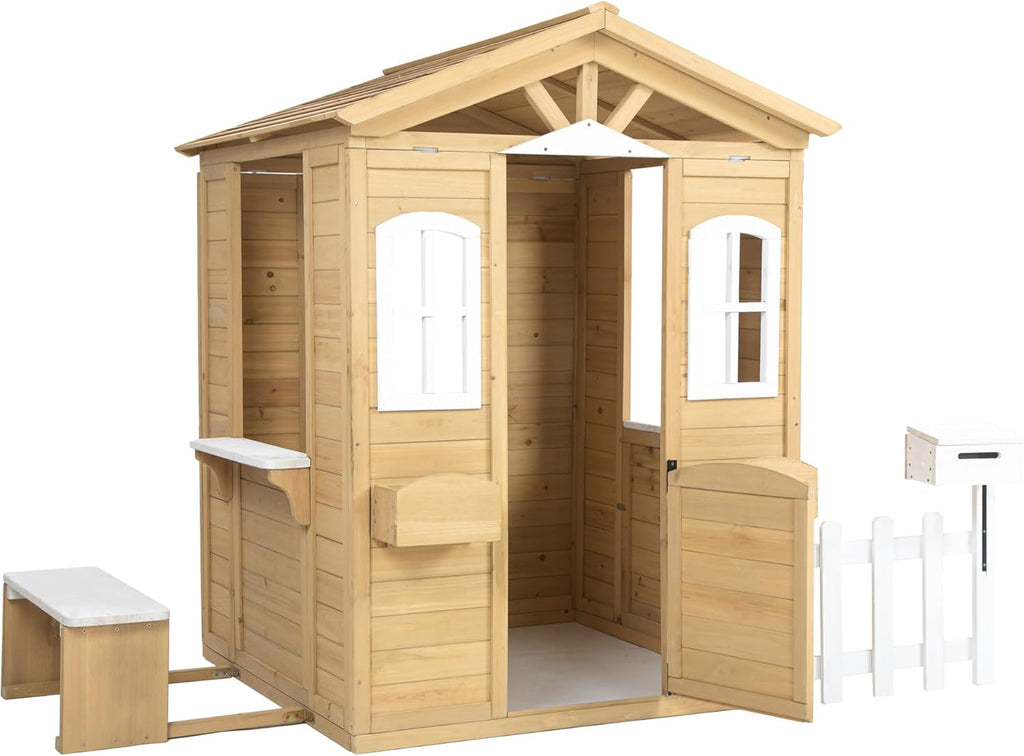 Wooden Playhouse with Door, Windows, Mailbox, Bench, Flowers Pot Holder, 39" x 38" x 55.5" A706