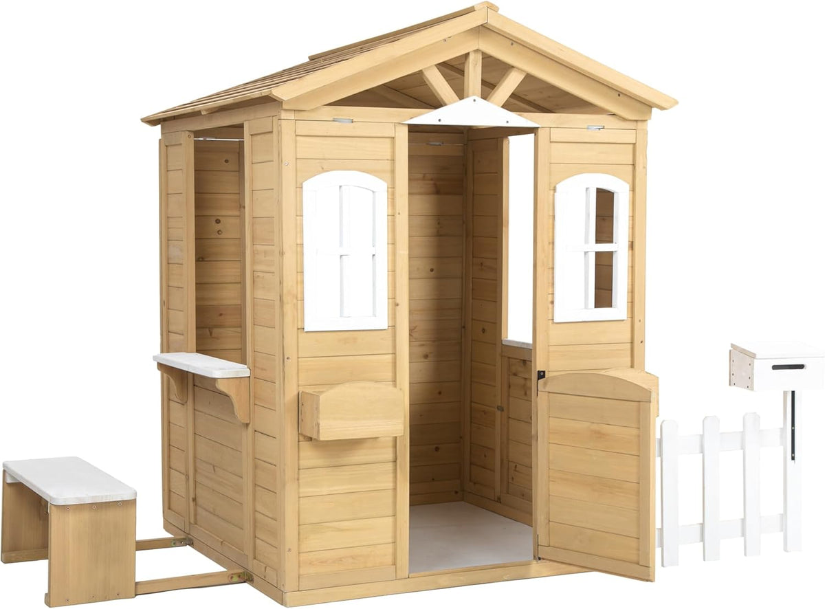 Wooden Playhouse with Door, Windows, Mailbox, Bench, Flowers Pot Holder, 39" x 38" x 55.5" A706