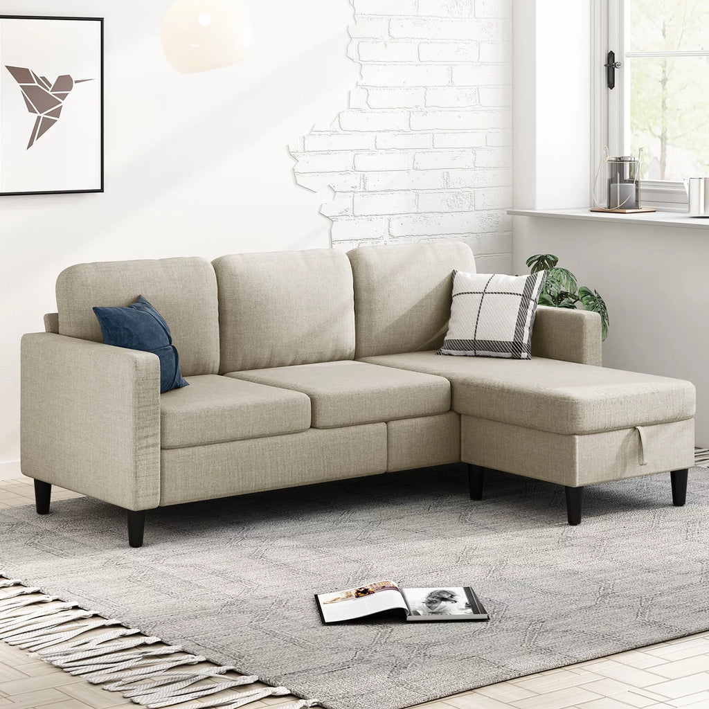 Beige Linen Sectional Sofa with Storage Ottoman W752