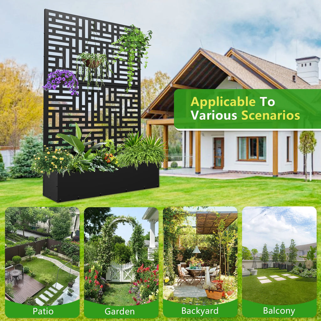 71'' Metal Planter with Trellis, Raised Garden Bed with Drainage Hole, Black D230697