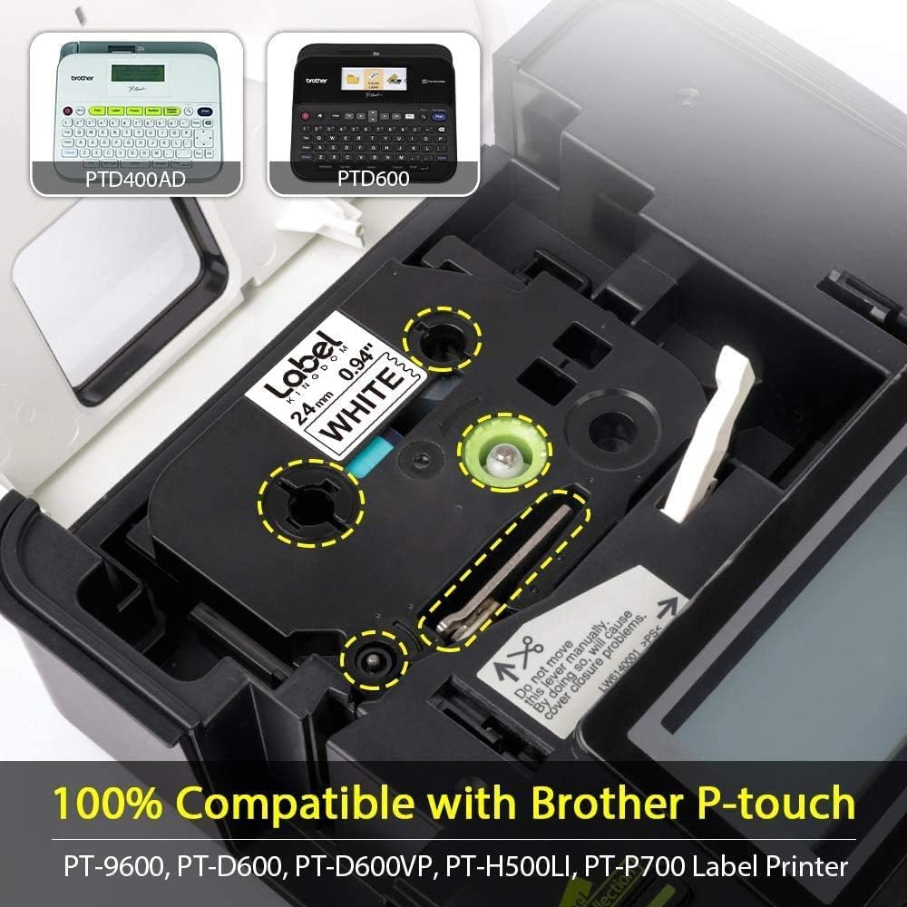Compatible Label Tape Replacement for Brother Ptouch, 24mm Black on White, 8-Pack W95066
