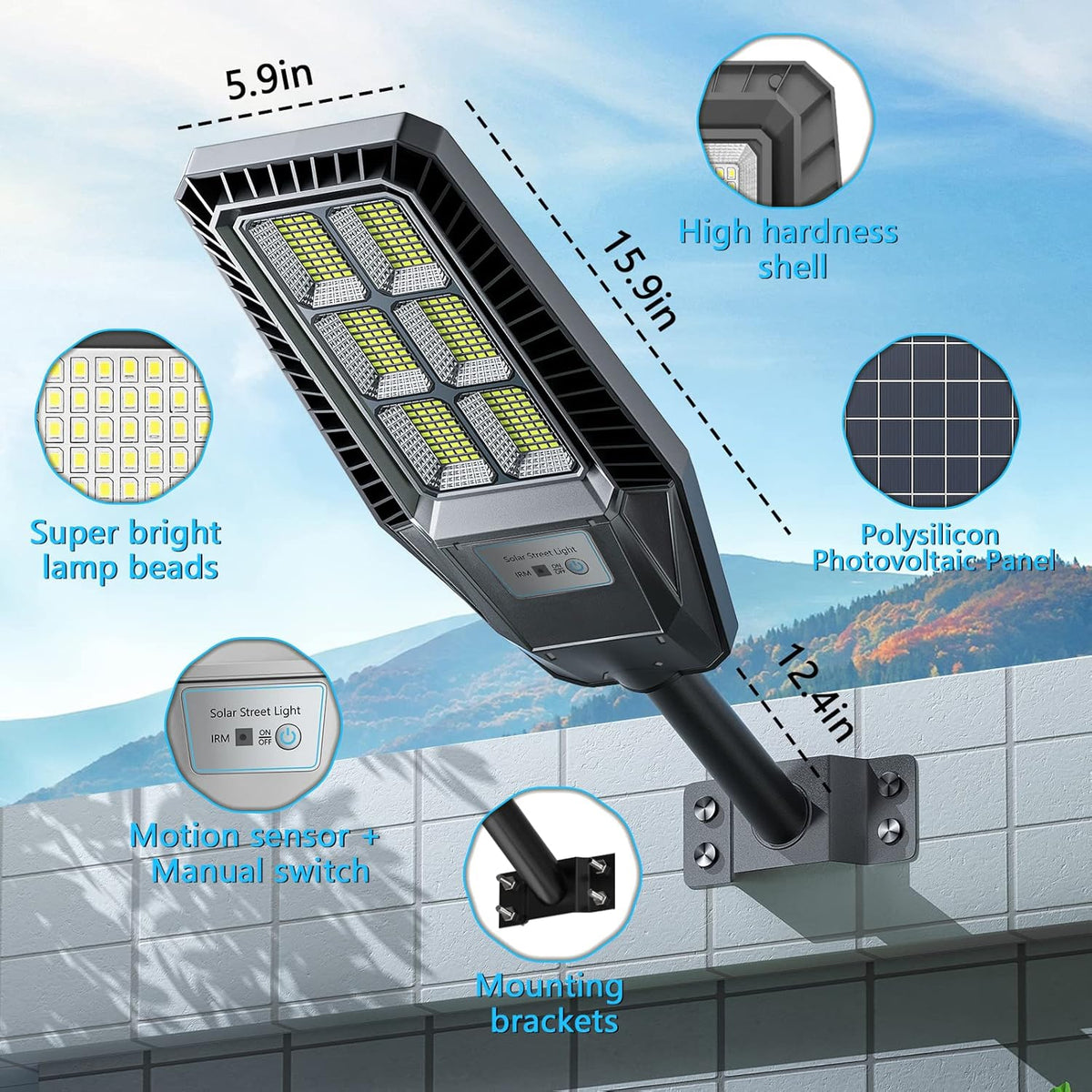 300W 2Packs LED Solar Street Lights IP66 Waterproof 30000LM 6500K Dusk to Dawn with Motion Sensor and Remote Control X86051