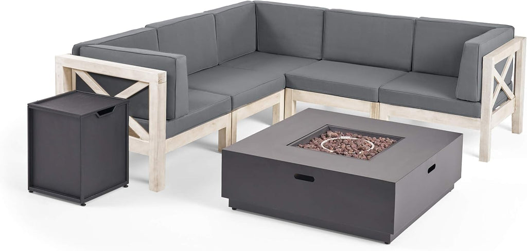 Weathered Gray and Dark Gray Acacia Wood 5 Seater Sectional Sofa Set with Fire Pit V497501