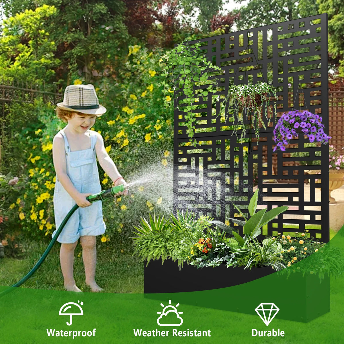 71'' Metal Planter with Trellis, Raised Garden Bed with Drainage Hole, Black D230697
