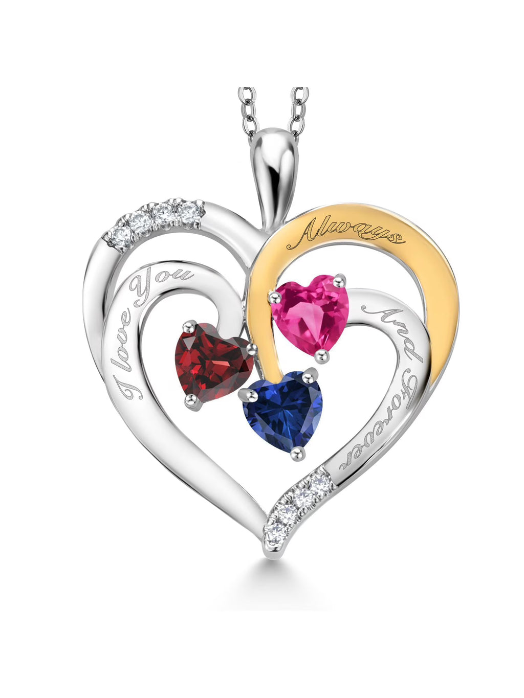 Red Garnet Pink Created Sapphire Blue Created Sapphire Created Moissanite Engraved Pendant Necklace (1.70 cttw, Heart Shape 5MM, 18 inch Chain) S6051