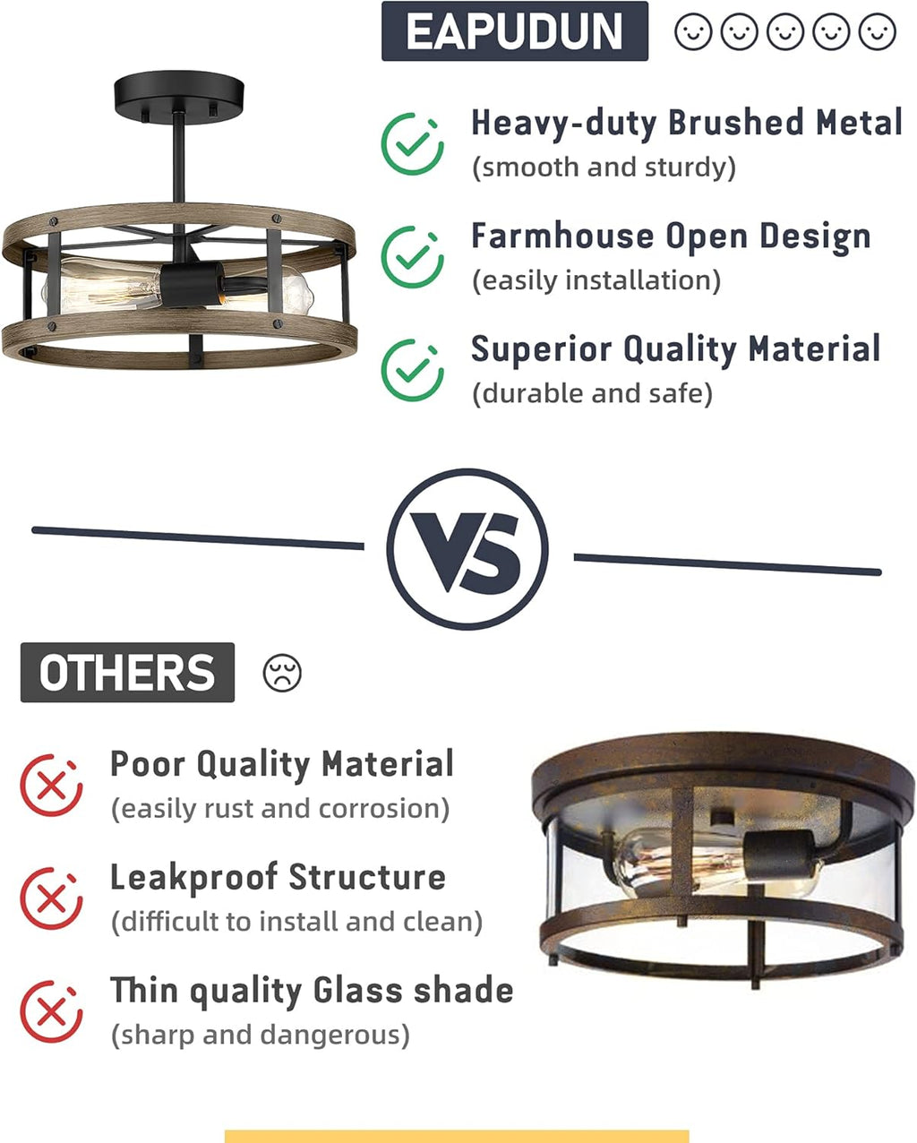 Farmhouse Semi Flush Mount Ceiling Lighting, 2-Light Metal Cage, 13 inches, Wood Grain and Matte Black Finish Z16118