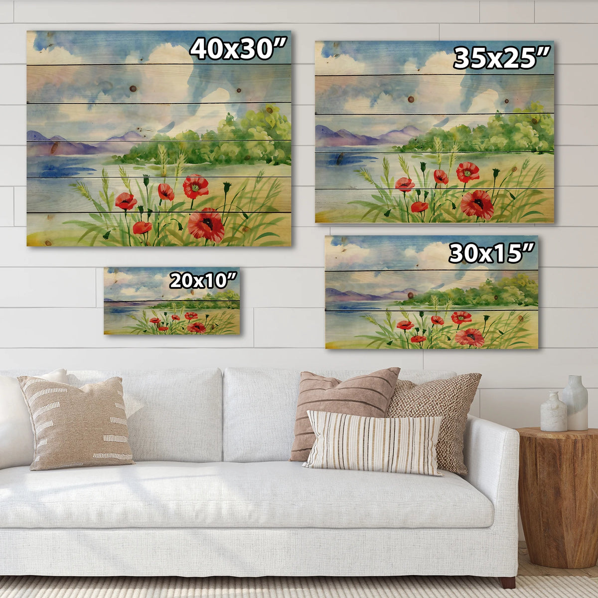 Red Tulips On The Bank Near A River Mountain Print on Natural Pine Wood A176