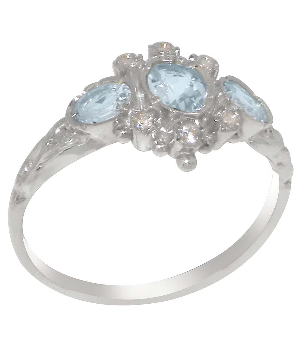 14k White Gold Aquamarine & Diamond Womens Ring R561