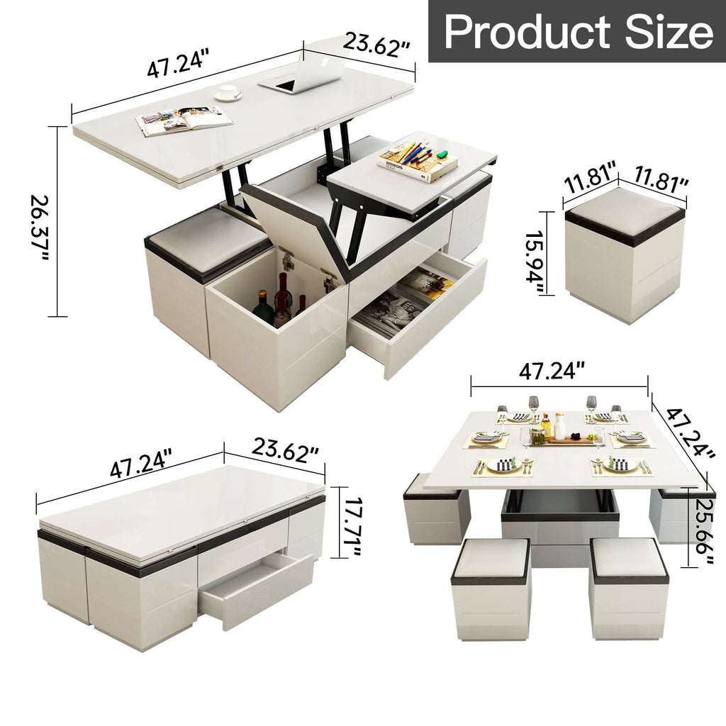 White Lift Top Coffee Table with 4 Stools N645