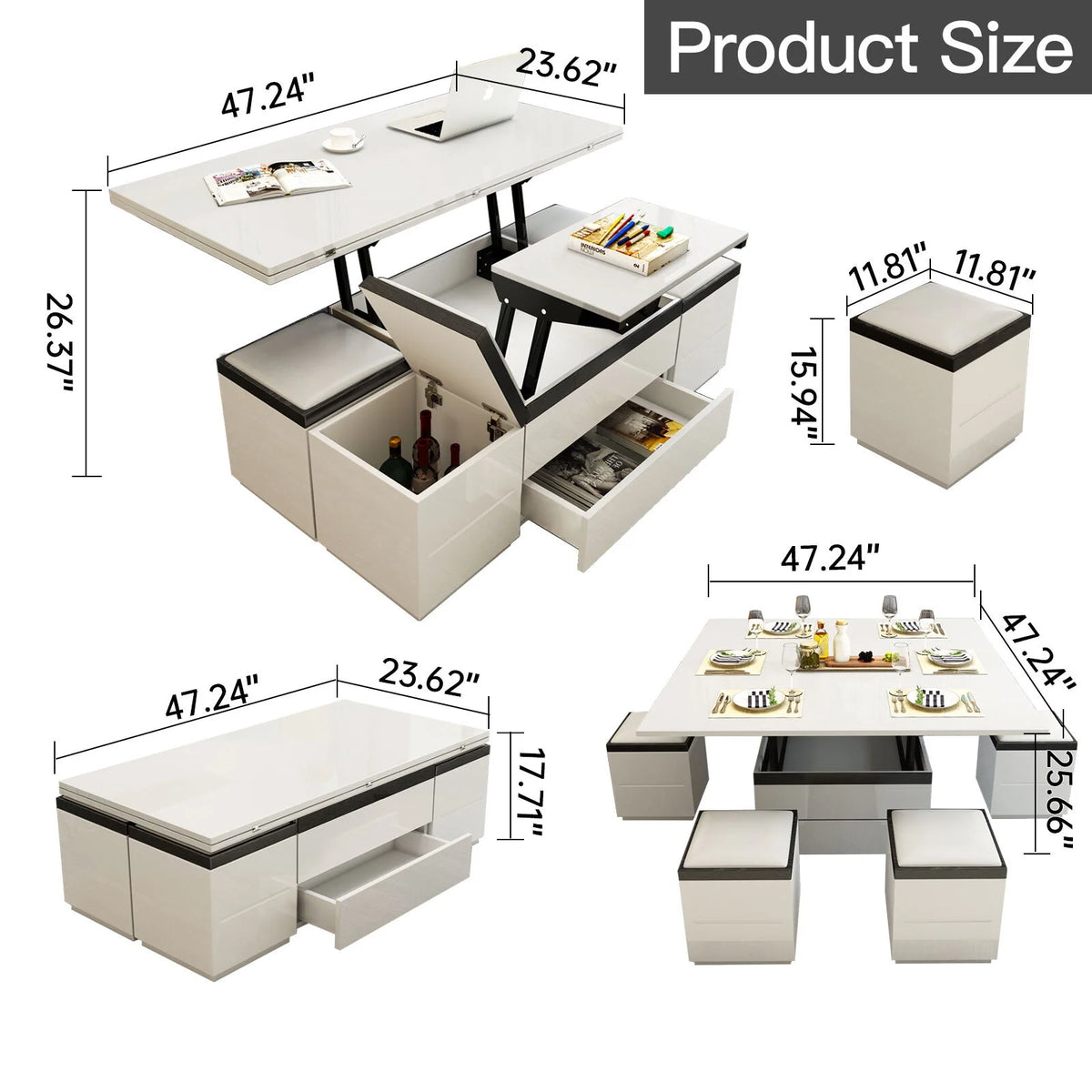 White Lift Top Coffee Table with 4 Stools N645