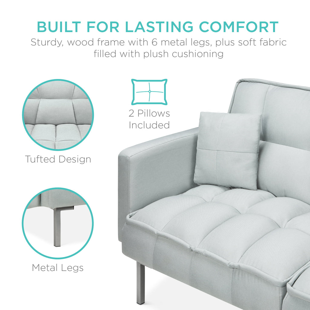 Light Gray Linen Fabric Tufted Split-Back Futon Sofa with 2 Pillows G4897