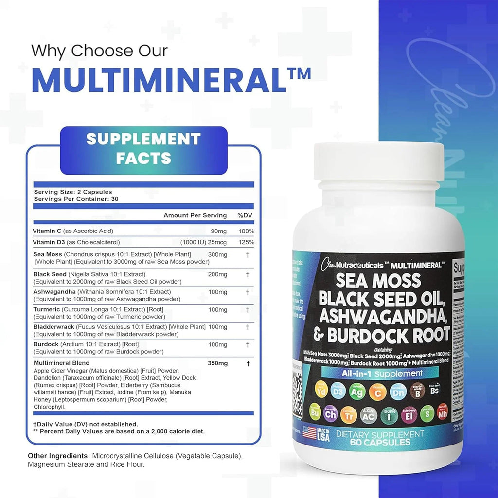 Sea Moss Black Seed Oil Ashwagandha Turmeric Bladderwrack Burdock Vitamin C D3 R153