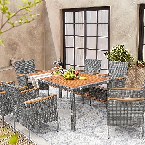 9 Piece Wicker Outdoor Dining Table and Chairs Set with Acacia Wood Table Top H24045