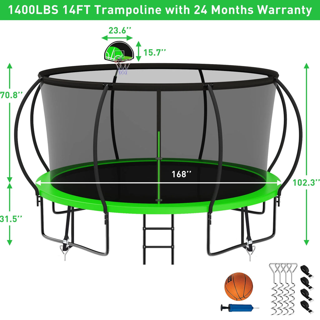 12FT 14FT Trampoline with Enclosure, Basketball Hoop, Light, Sprinkler, Socks, Wind Stakes B6080