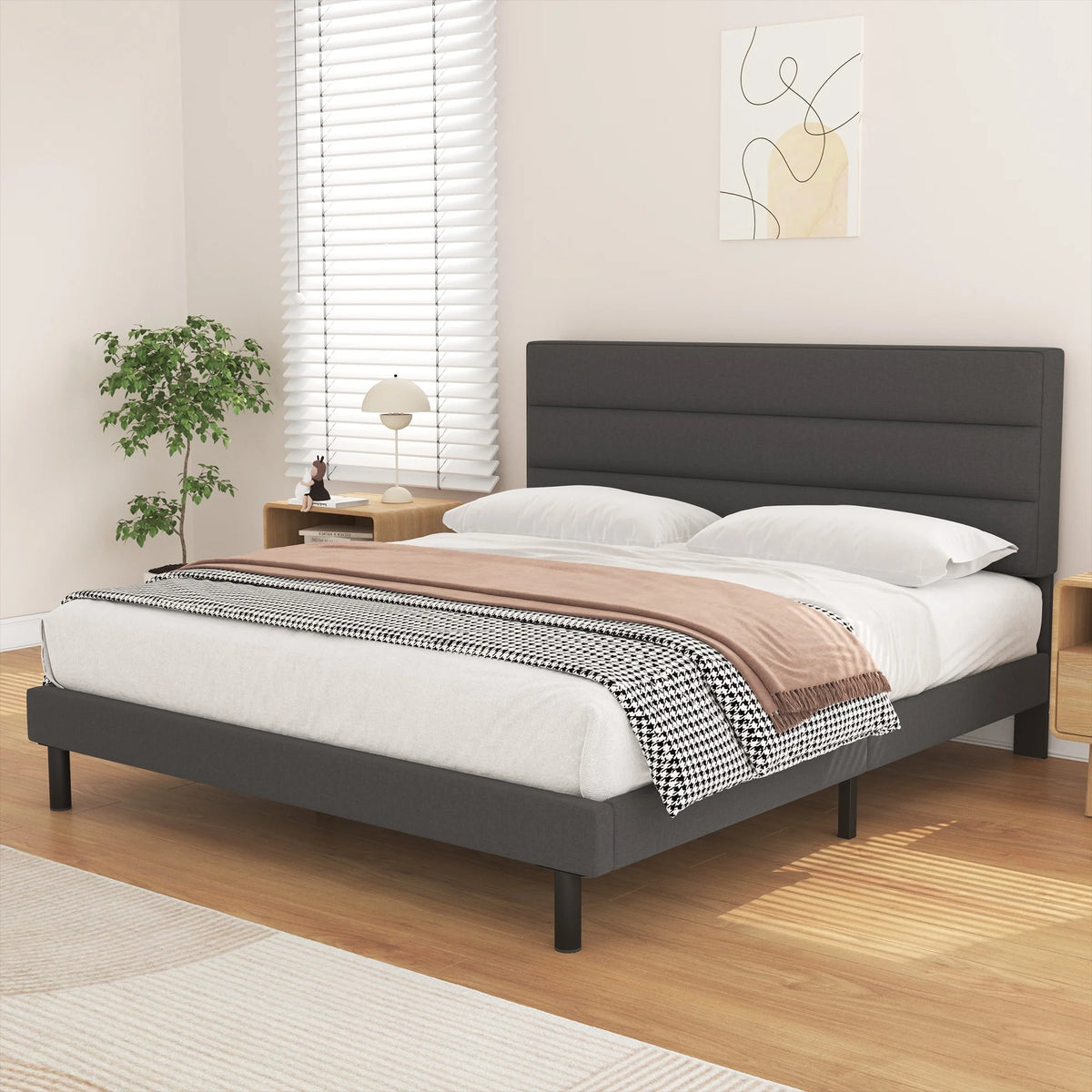 Twin Size Wingback Fabric Upholstered Platform Bed Frame B5011