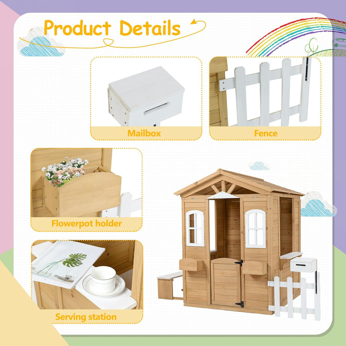 Wooden Playhouse with Door, Windows, Mailbox, Bench, Flowers Pot Holder, 39" x 38" x 55.5" A706