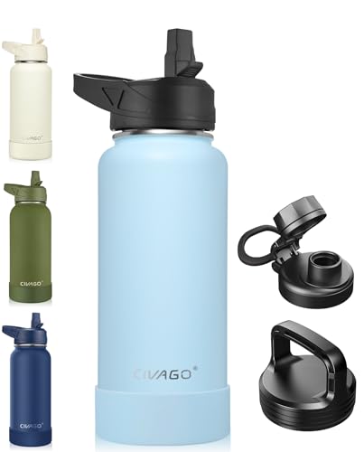 32 oz Insulated Stainless Steel Water Bottle with Straw and 3 Lids L64468
