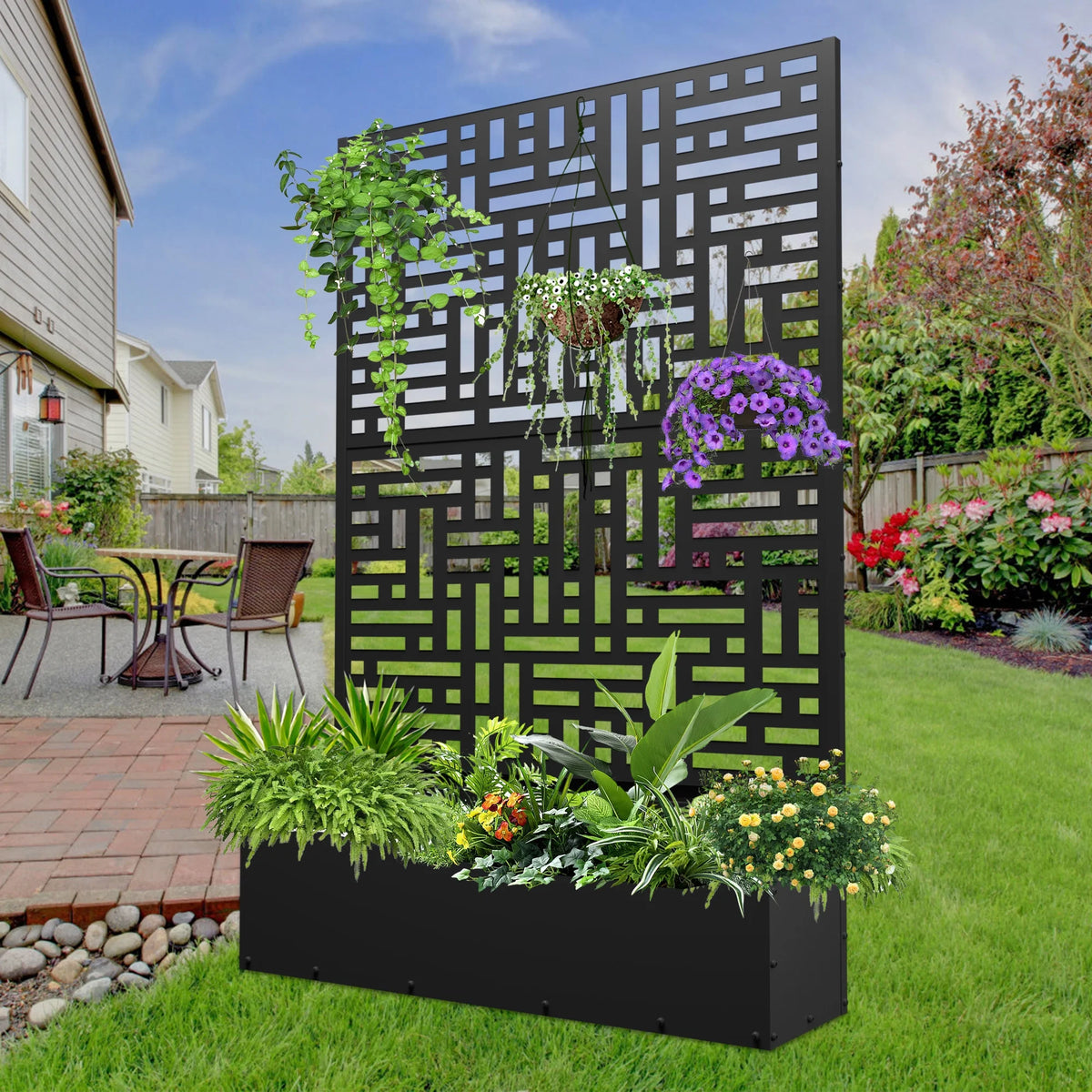 71'' Metal Planter with Trellis, Raised Garden Bed with Drainage Hole, Black D230697