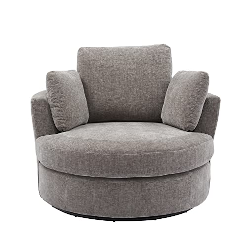 Beige Oversized Round Chenille Swivel Accent Barrel Chair with 3 Pillows M265916
