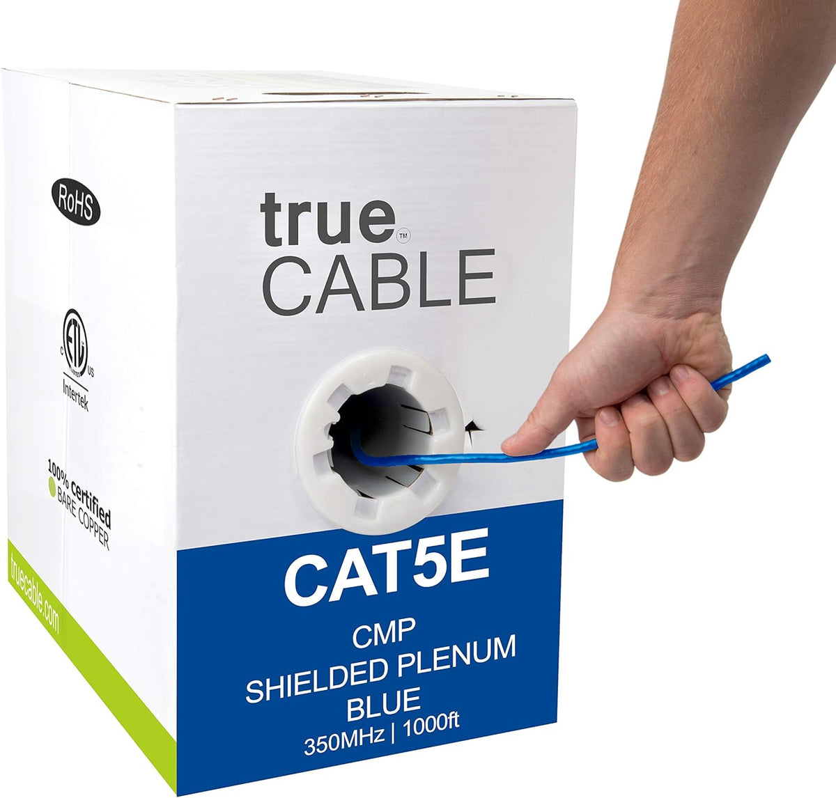 Cat5e Shielded Plenum 1000ft Blue 24AWG Solid Bare Copper Ethernet Cable V809