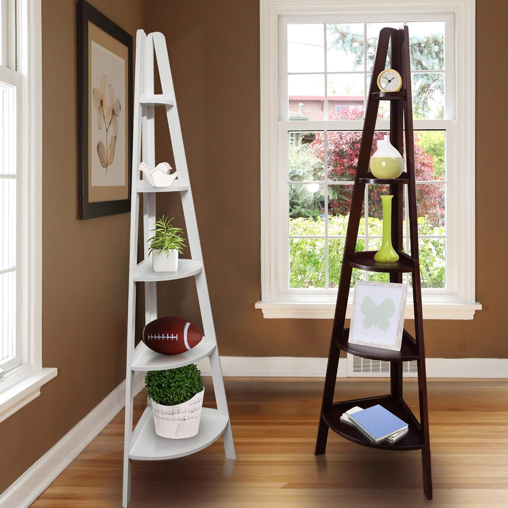 White 5-Shelf Corner Ladder Bookcase U48055