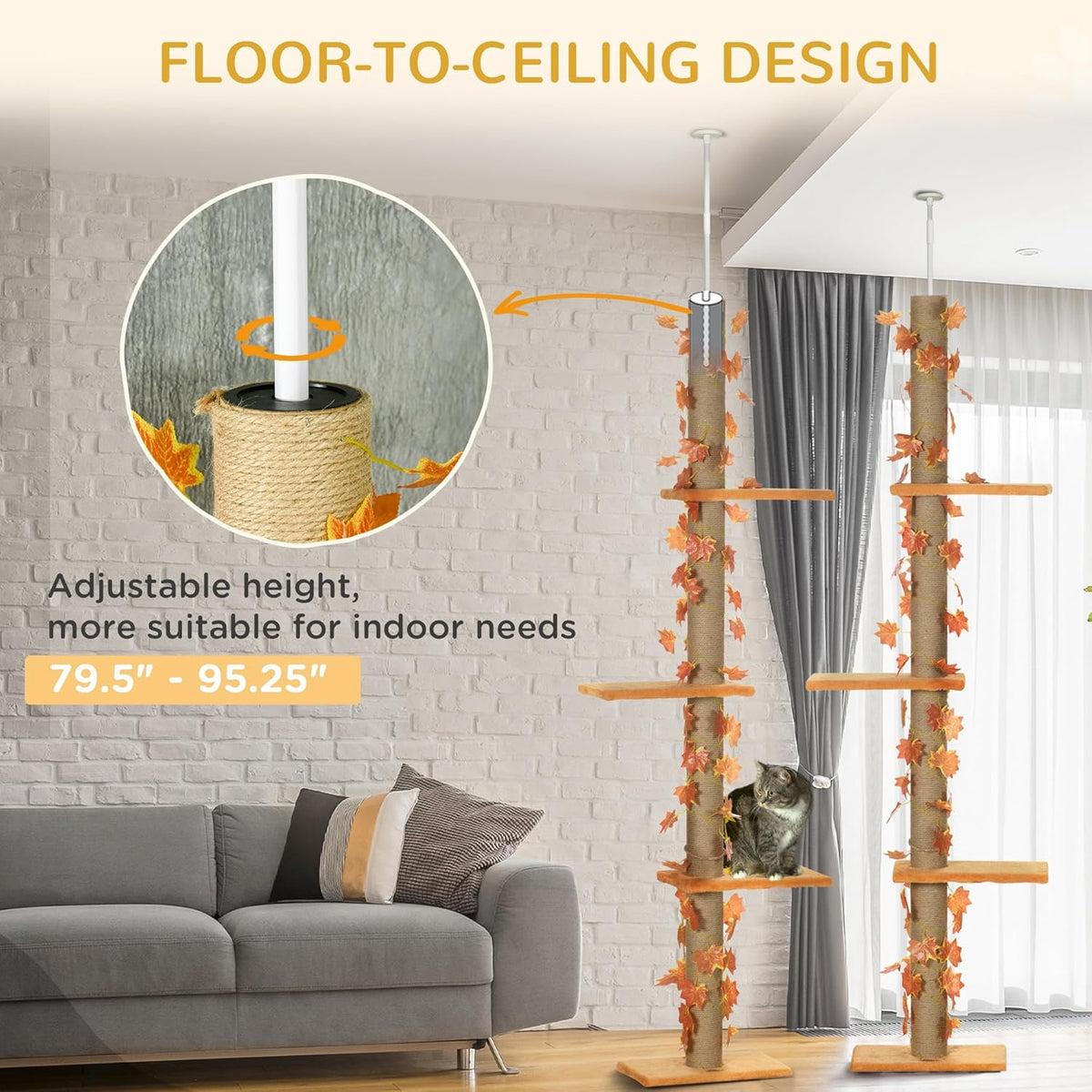 80" - 95" Adjustable 3-Level Cat Tree with Sisal Scratching Post O634959