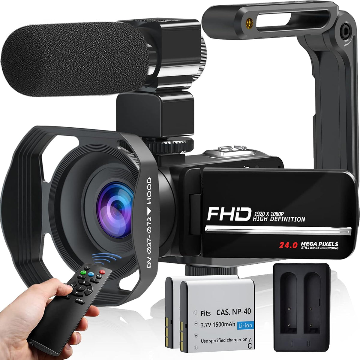 1080P 30FPS Digital Vlogging Camera with Microphone, 2 Batteries, Handheld Stabilizer W881765