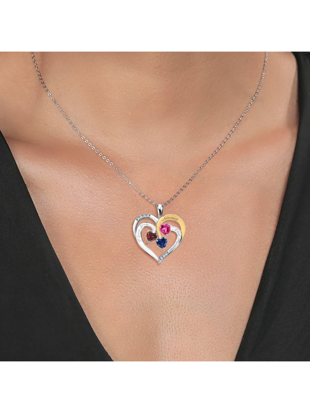 Red Garnet Pink Created Sapphire Blue Created Sapphire Created Moissanite Engraved Pendant Necklace (1.70 cttw, Heart Shape 5MM, 18 inch Chain) S6051