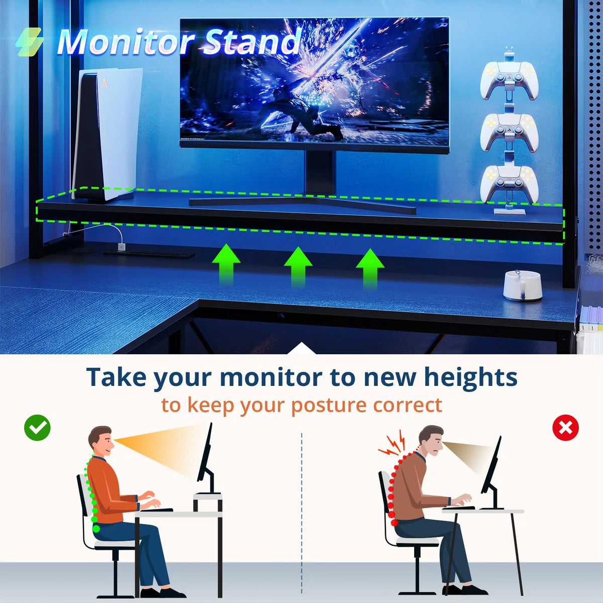 L Shaped Computer Desk with Power Outlet and LED Strip, Black E5590