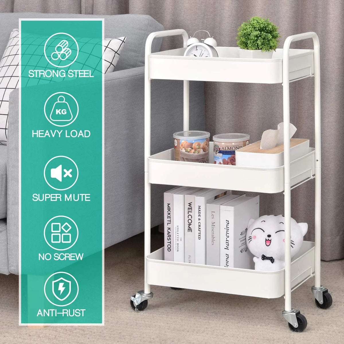 3-Tier Rolling Metal Utility Cart with Wheels, White X166554