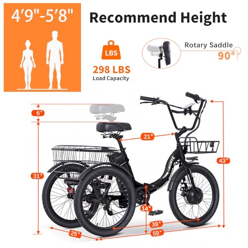 Electric Tricycle 20" 3 Wheels Folding 350W Step-Thru Removable Battery W4909