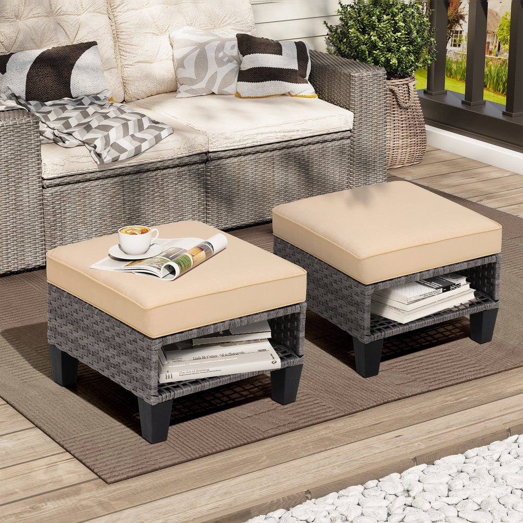 Square Rattan Storage Ottomans Set of 2 with Cushion J9349
