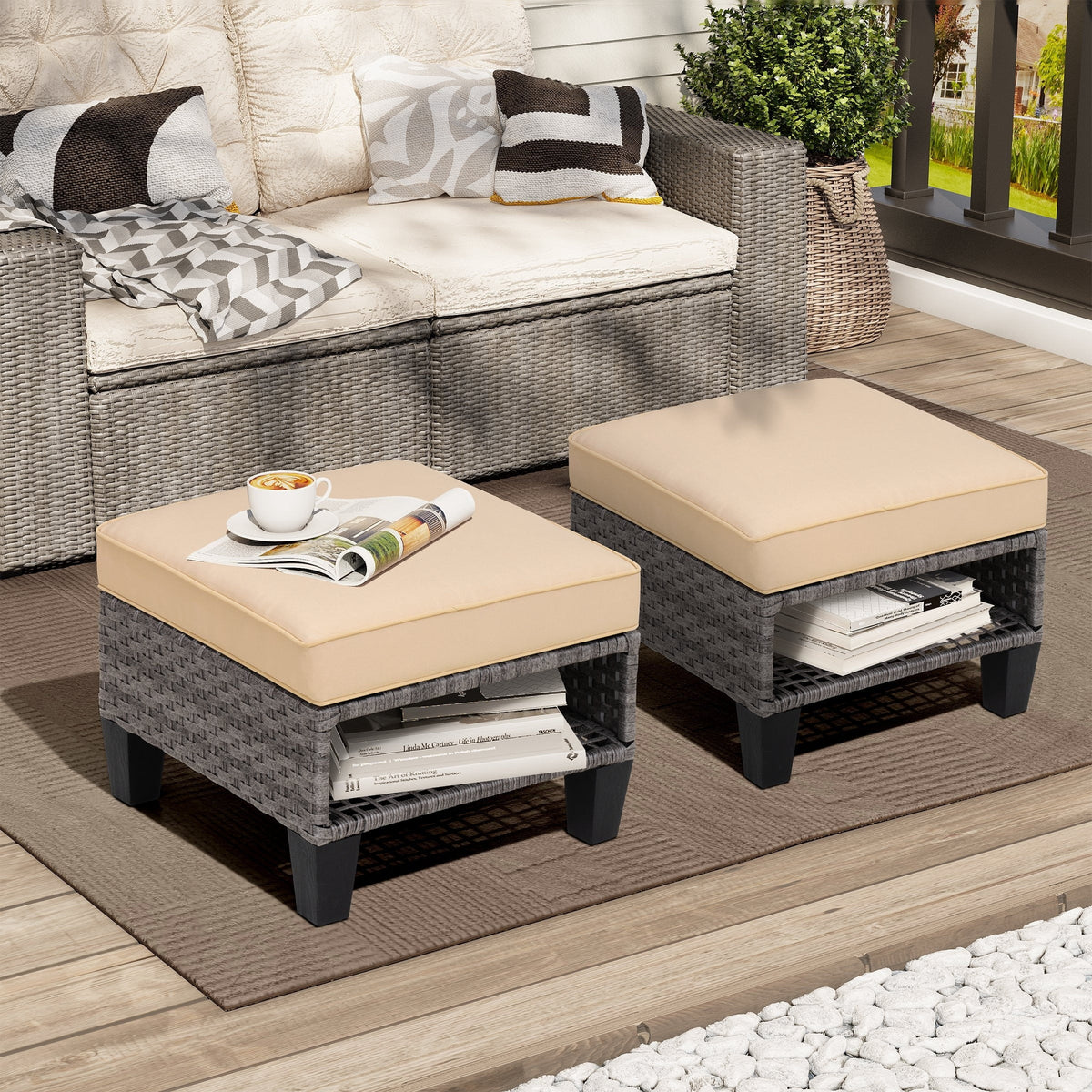 Square Rattan Storage Ottomans Set of 2 with Cushion J9349