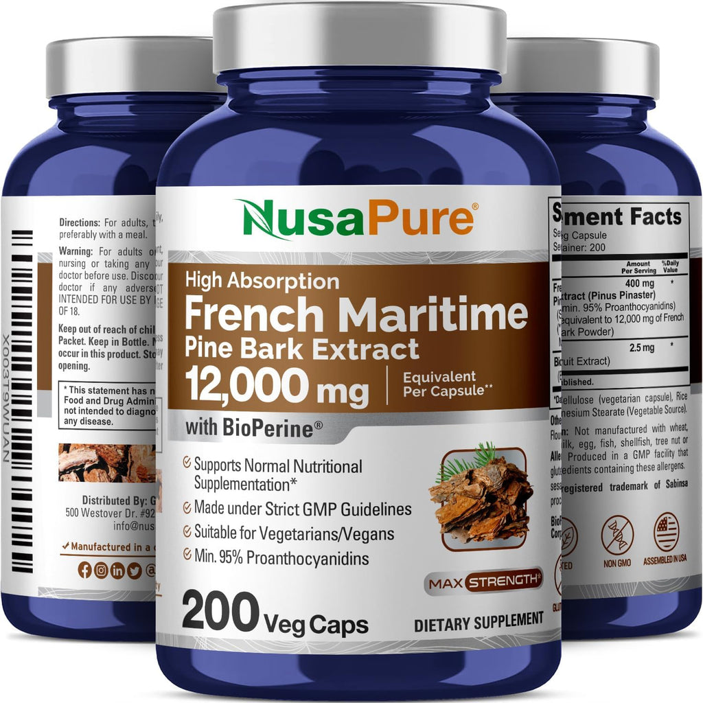 French Maritime Pine Bark Extract 12,000 mg Veggie Caps 200-Day Supply D689