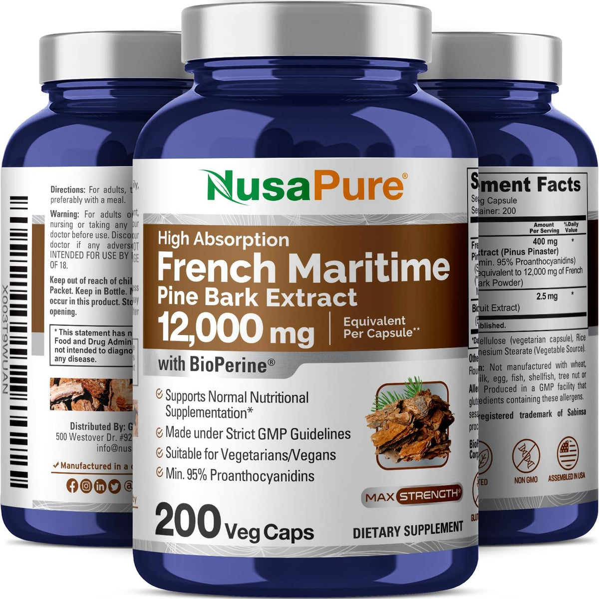 French Maritime Pine Bark Extract 12,000 mg Veggie Caps 200-Day Supply D689
