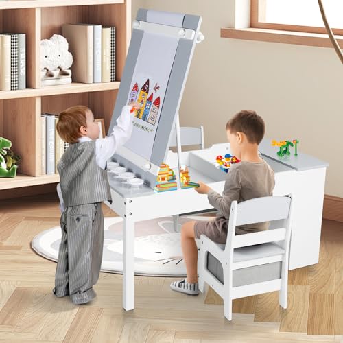3 in 1 Wood Kids Art Table & Easel Chair Set with 6 Storage Bins Y758
