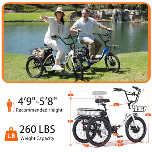Electric Tricycle 20" 3 Wheels Folding 350W Step-Thru Removable Battery W4909