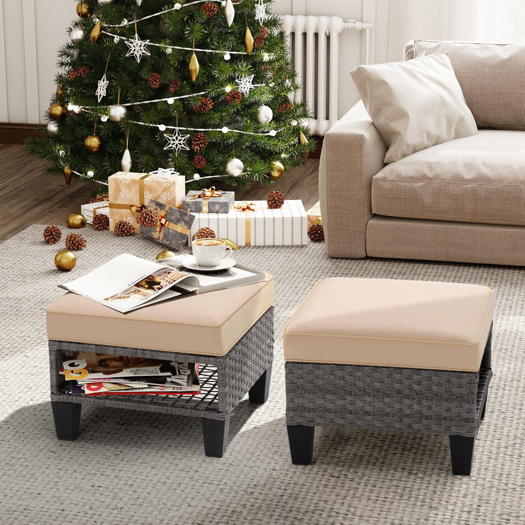 Square Rattan Storage Ottomans Set of 2 with Cushion J9349