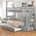 Gray Twin Over Twin Solid Wood Bunk Bed with Stairs and Trundle P711