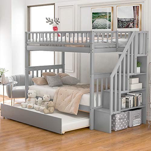 Gray Twin Over Twin Solid Wood Bunk Bed with Stairs and Trundle P711
