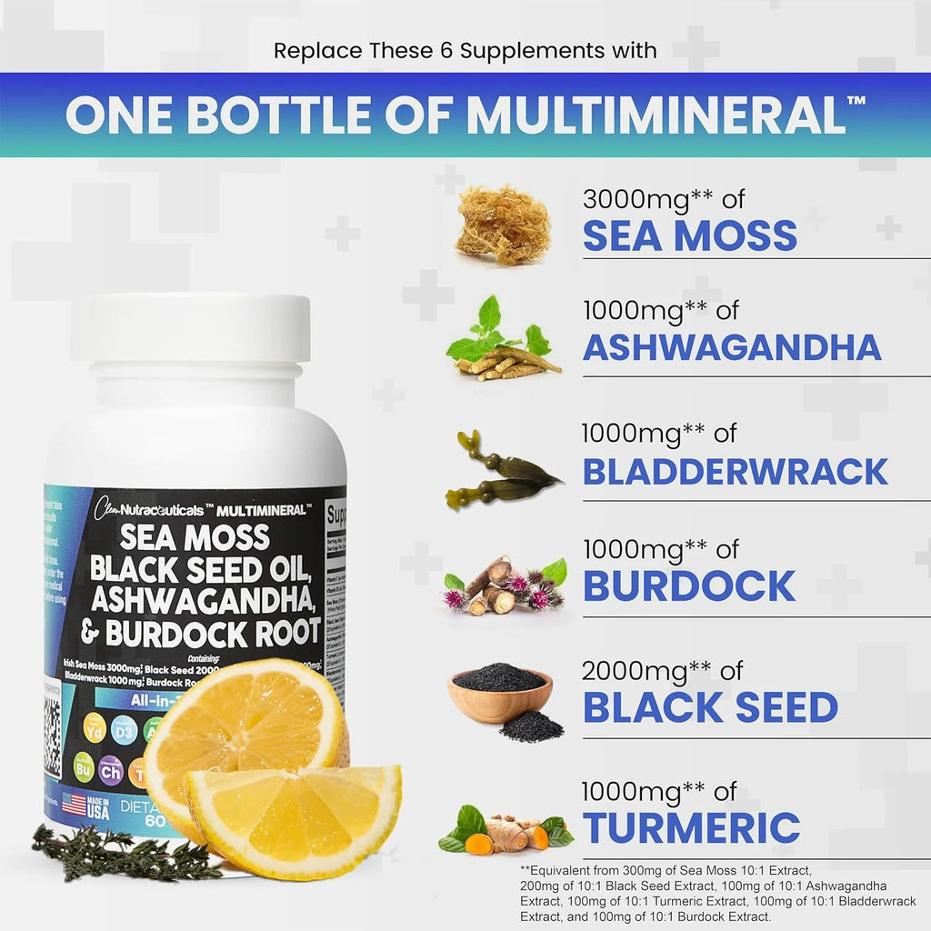 Sea Moss Black Seed Oil Ashwagandha Turmeric Bladderwrack Burdock Vitamin C D3 R153