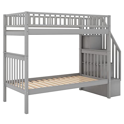 Gray Twin Over Twin Solid Wood Bunk Bed with Stairs and Trundle P711