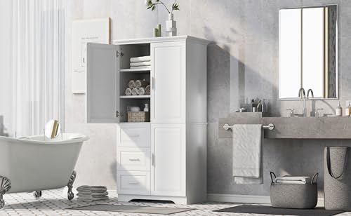 White Wood Pantry Cabinet with Shelves and Drawer R88601